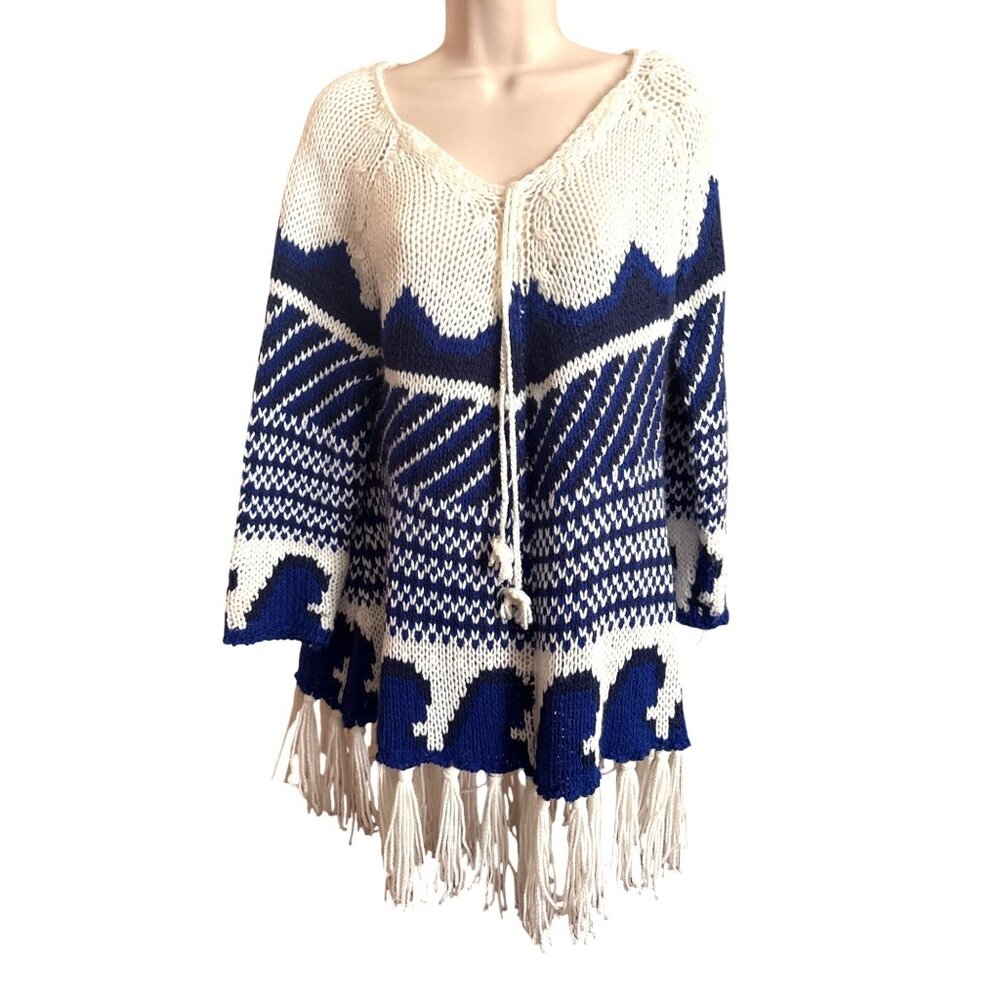 Piperlime Knit Fringe Sweater S Blue White Boho Poncho Style Pullover Festival